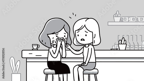 Two friends share a heartfelt moment in a cafe as one comforts the other, who appears distressed. This intimate scene highlights the importance of friendship and support.