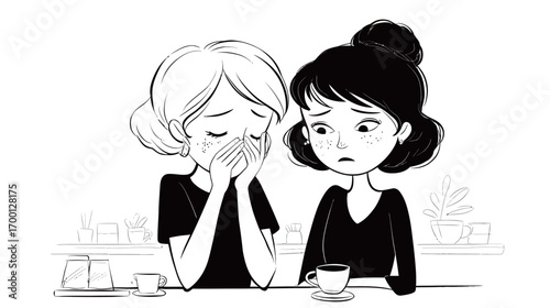 Two women sit closely in a cafe, one with her head in her hands, clearly upset, while the other looks on with concern. The atmosphere is calm yet tense.