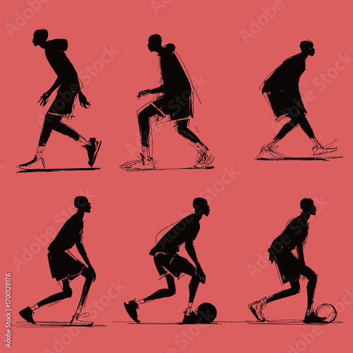 Multiple sketches highlight the fluid movement of a basketball player dribbling and walking. The art captures the energy and motion in a creative way.