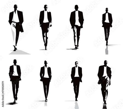 Multiple male models showcase elegant business attire while walking with poise against a stark white backdrop, displaying fashion and confidence.
