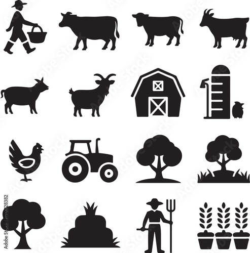Farm Silhouettes With Farmer Tractor Barn And Animals Keywords: farm, agriculture, farmer, tractor