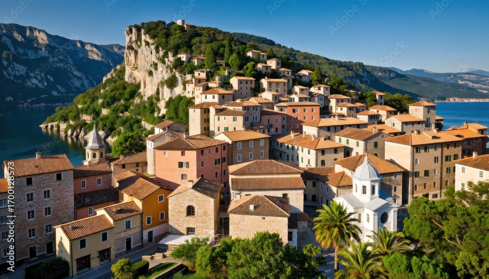 Naklejka premium Charming historic village overlooking serene lake italy aerial view scenic landscape photography