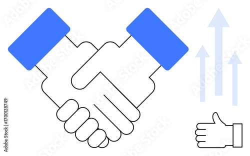 Professional handshake accompanied by upward-pointing arrows and a thumbs-up icon. Ideal for teamwork, collaboration, success, partnership, endorsement, growth, simple landing page