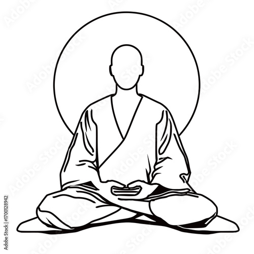 A figure sits cross-legged in traditional robes, hands resting calmly in their lap.
