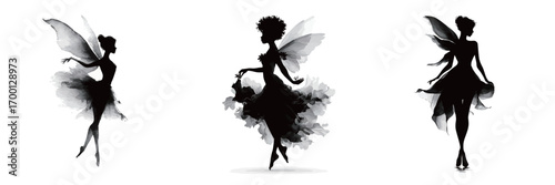 Three distinct fairy silhouettes are portrayed in graceful poses, displaying unique wings and attire against a clean white background, embodying elegance and charm.