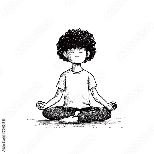 A young individual sits cross-legged on a smooth surface, eyes closed in meditation. The atmosphere is calm, emphasizing inner peace and relaxation during the practice.