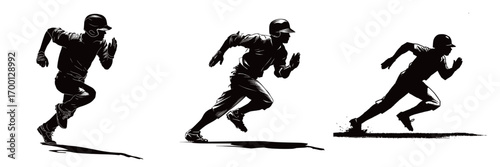 Three athletes sprint across the field, showcasing their speed and agility in a baseball game as the sun begins to set. Focus is on movement and athleticism.