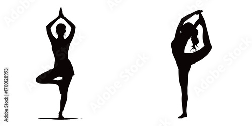 Two women demonstrate different yoga poses in silhouette against a light background. Their graceful forms capture the essence of relaxation and mindfulness practiced indoors.