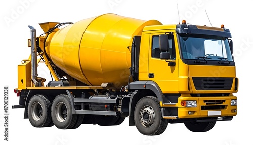 Bright yellow concrete mixer truck stands out against a plain white background.
