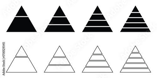 Triangular pyramid icon set. Layered triangular pyramid fill and stroke vector illustration sign symbol design. Set of pyramid infographics simple icon isolated on white background. Vector image.