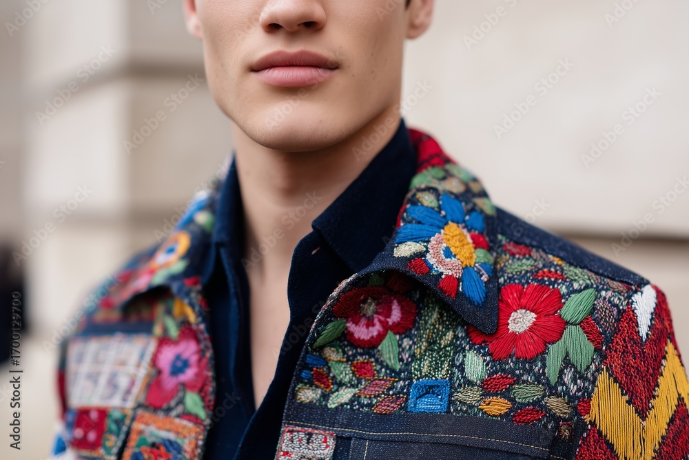 Obraz premium Patchwork jacket with floral embroidery and geometric patterns, contemporary men’s street style fashion