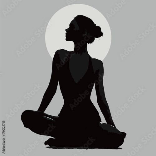 A woman sits cross-legged in meditation, her silhouette defined against a soft, glowing background. The tranquil atmosphere enhances the sense of peace.