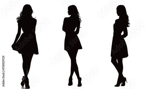 Three silhouettes of women stand confidently in their stylish dresses, expressing elegance and poise. The strong shapes emphasize their graceful postures against a plain backdrop.