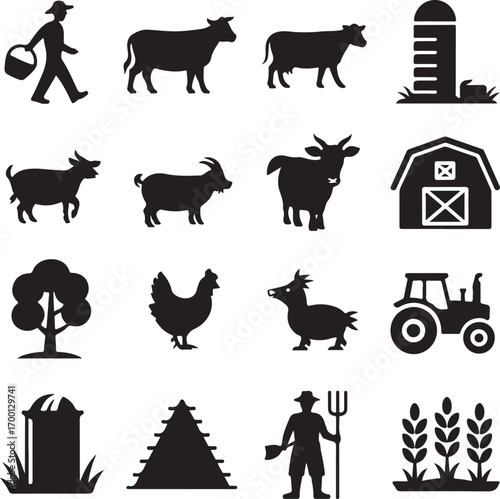 Farm Icons with Farmer and Livestock Silhouettes Keywords: farm, farmer, agriculture, rural