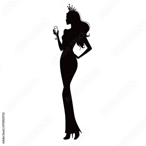 A graceful silhouette of a woman dressed in an elegant evening gown stands confidently while holding a glass. Her crowned head suggests sophistication and celebration.