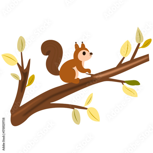 Woodland animal vector featuring a squirrel on tree branch illustration. Perfect for forest-themed designs, autumn projects, children’s illustrations, packaging, branding, and decorative graphics.