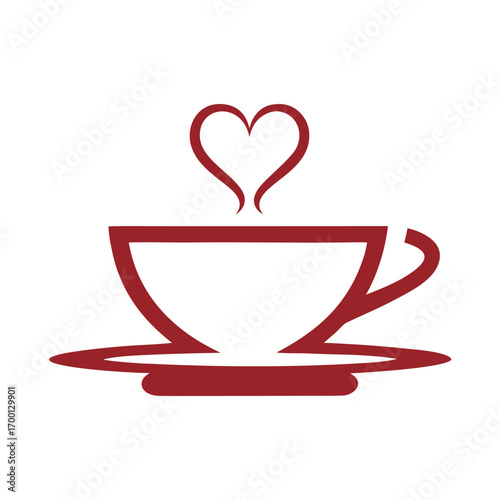 Red coffee cup with heart shaped steam on white background saucer
