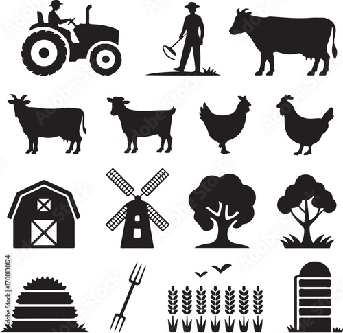 Farm and Agriculture Icons with Tractor Animals and Buildings Keywords: tractor, farmer, cow, goat