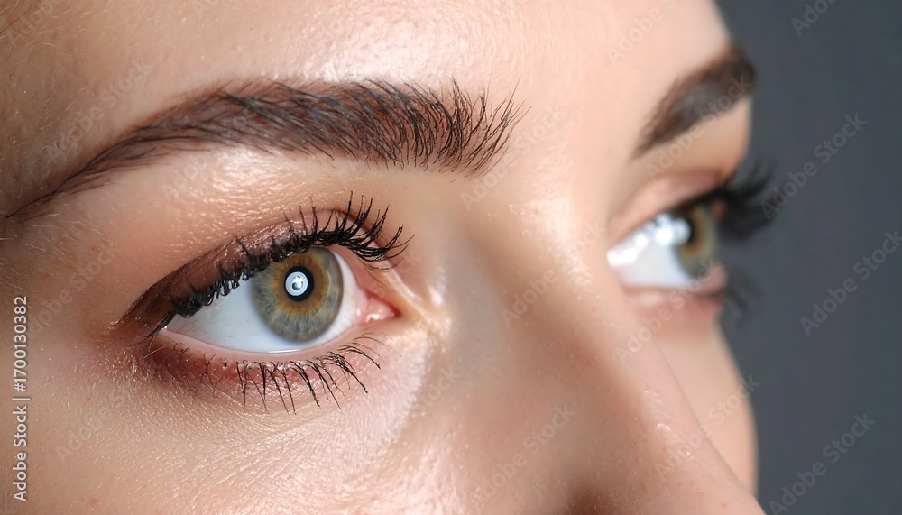 Fototapeta premium Close-up view of a woman's eyes, showcasing meticulously applied makeup, with a soft, natural glow.