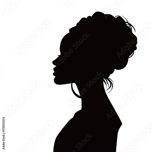 A striking silhouette of a woman highlights her elegant hairstyle and profile. The stark contrast emphasizes beauty, femininity, and poise in a minimalist setting.