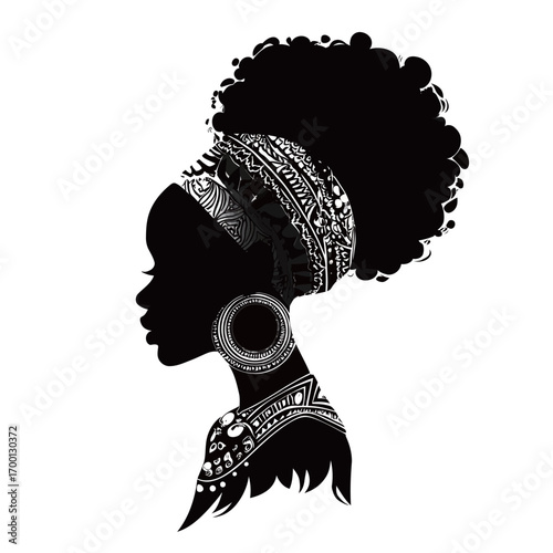 A beautiful silhouette of a woman features an intricate hairstyle and traditional jewelry, representing cultural identity and artistic expression rich in detail.