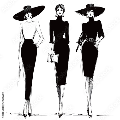 Three fashion models are dressed in elegant black dresses and chic wide-brimmed hats.