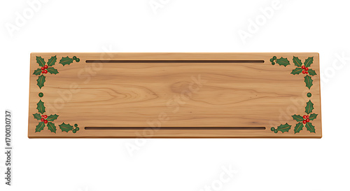 Polished pine wood nameplate with holly border isolated on transparent background