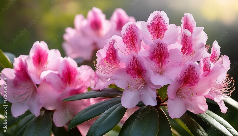 Obraz premium Beautiful Rhododendron Blooms With Pink Petals And Green Leaves