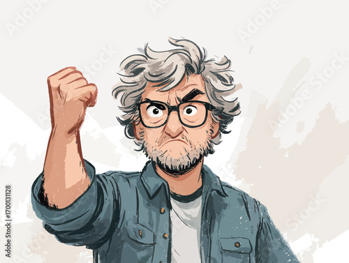 A cartoon character with messy gray hair, glasses, and a determined expression raises a fist in a gesture of frustration. The vibrant artwork captures strong emotions effectively.