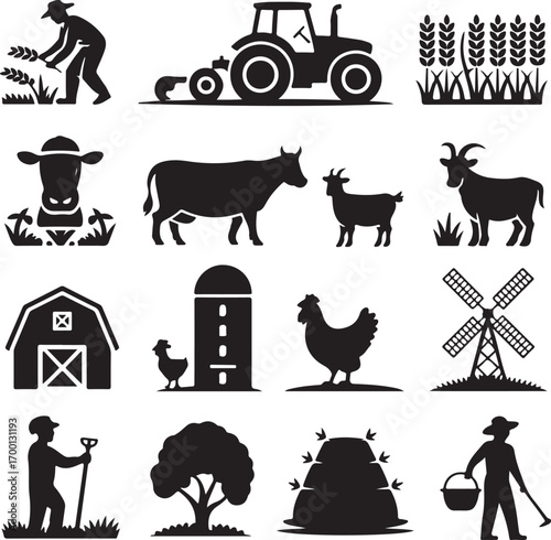 Farm and Agriculture Icons Set Silhouette Collection Keywords: farm, agriculture, tractor, farmer