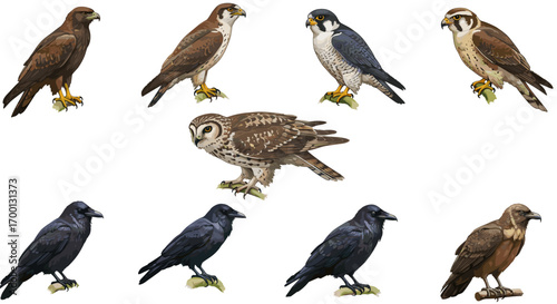 Collection of Birds of Prey and Crows Isolated on White Background Illustration