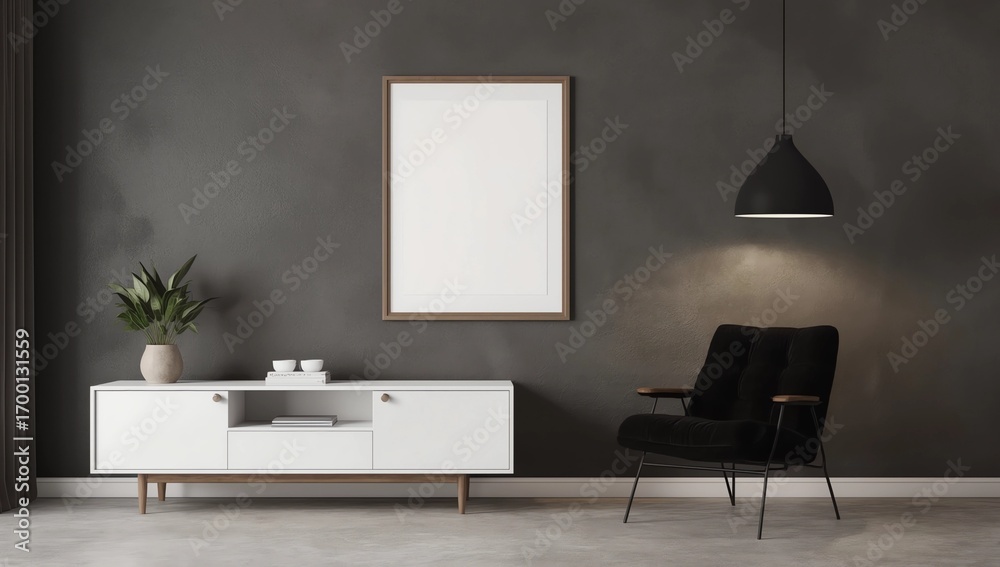 Fototapeta premium Modern dark loft living room interior with blank poster frame mockup on grey wall