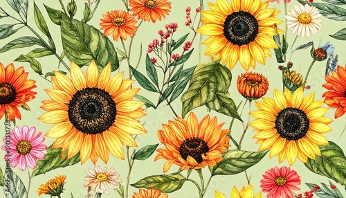 Floral pattern with sunflowers and other flowers