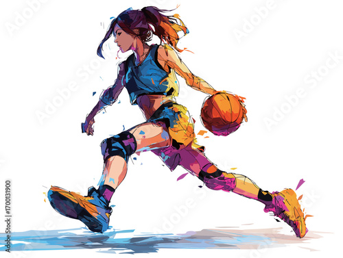 A skilled female athlete strides forward, skillfully dribbling a basketball. The colorful, abstract style highlights her energy and focus during the game.