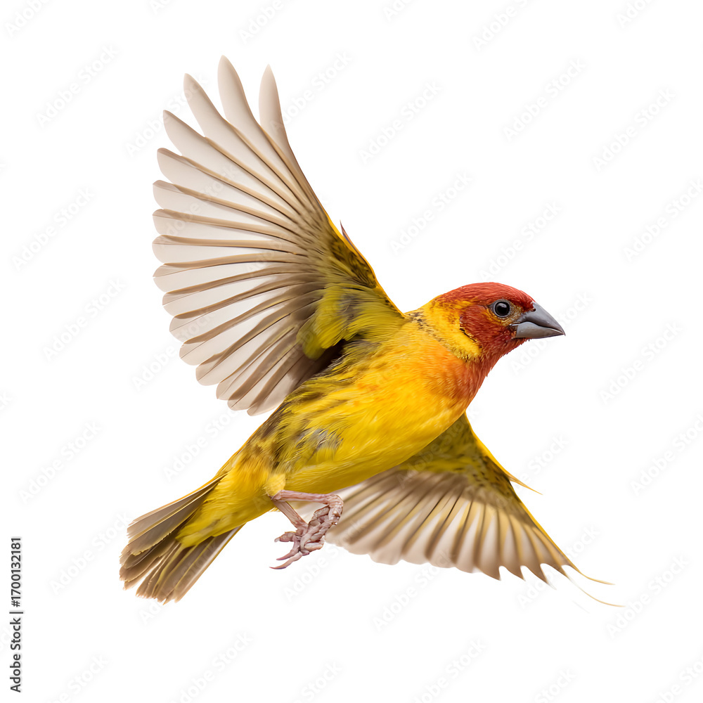 Fototapeta premium Yellow and red bird flying against black background