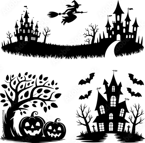 Spooky halloween silhouettes haunted castles witch bats pumpkins and creepy trees for festive decorations .eps