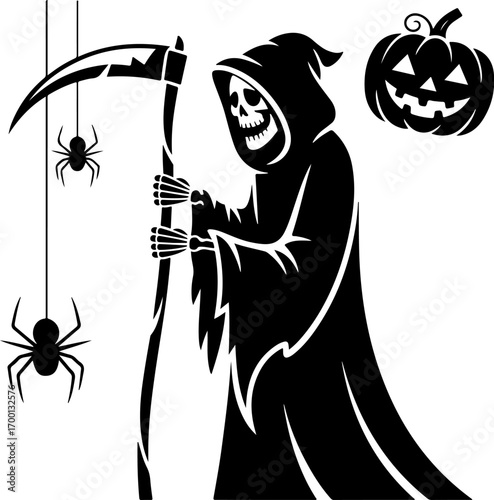 Spooky halloween grim reaper with scythe spiders and jack o lantern graphic .eps