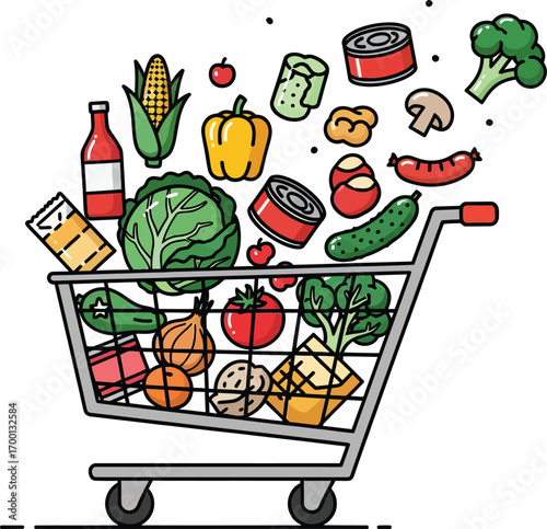 “Floating Cart Feast” stylized grocery illustration—dynamic food items including produce, dairy, and pantry staples for nutrition UX, lifestyle branding, and motion-based storytelling