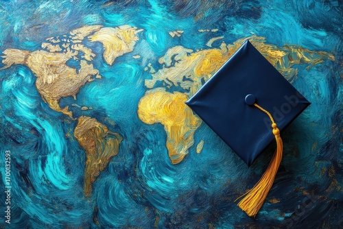 Global education graduation cap world map painted study abroad concept