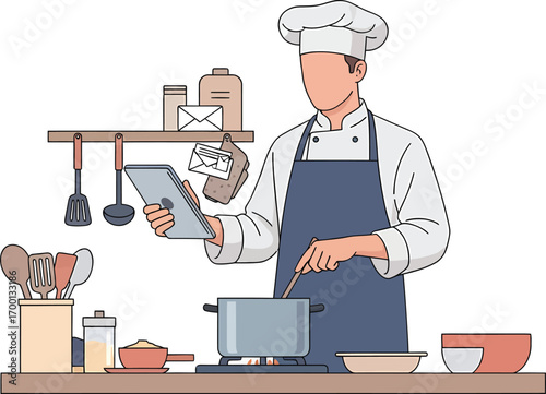 Chef using tablet while cooking in kitchen with utensils.
