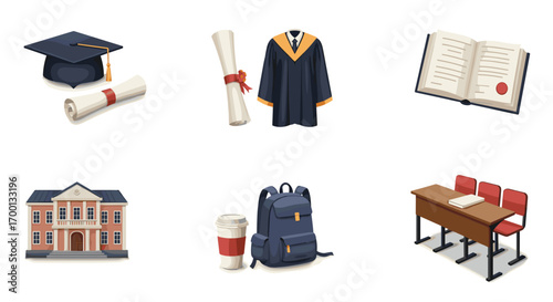 Educational Objects Collage Featuring Graduation Cap Diploma Gown Open Book School Building Backpack And Classroom Desks With Chairs