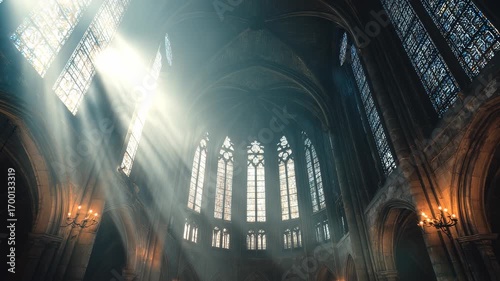 Sunlight streaming through the tall stained-glass windows inside a gothic cathedral, filling the space with a mystical atmosphere