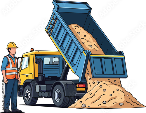 Construction worker overseeing a dump truck unloading sand and gravel.