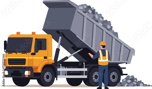 Construction worker overseeing dump truck unloading gravel.