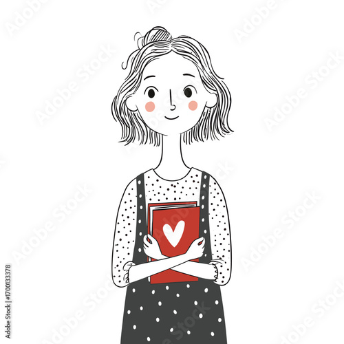 A young girl stands with a smile, holding a red book close to her chest. She has wavy hair and wears a polka dot outfit that enhances her cheerful demeanor.