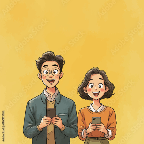 Two smiling young adults stand side by side, each holding a smartphone. They are dressed casually, radiating joy and connection, set against a bright yellow backdrop.