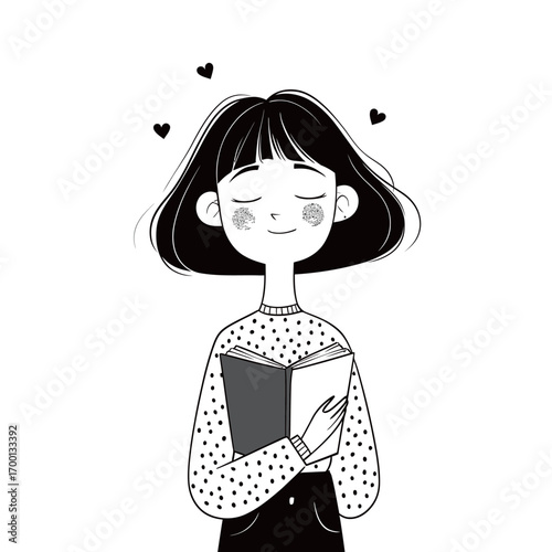 A girl with short hair smiles while holding a book close to her chest. Hearts float above her head, adding a whimsical touch to this simple, line-drawn illustration.