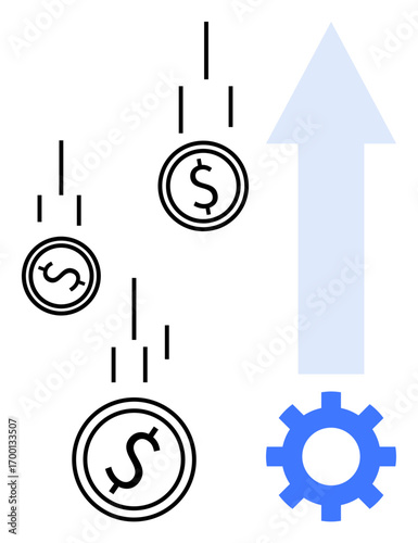 Coins with dollar signs falling alongside blue gear and upward arrow signifying growth, investment, and progress. Ideal for finance, business, success, investment, economic success, profitability