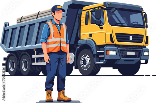 Construction worker standing beside a loaded dump truck.