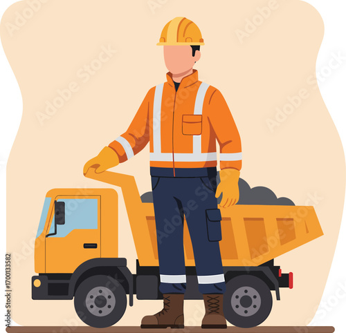Construction worker standing next to a dump truck filled with dirt.